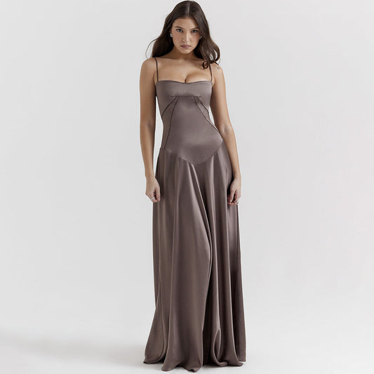Women’s Midi Dress – Silky Fabric – Slim Fit Bodice – Spaghetti Straps – Elegant Skirt