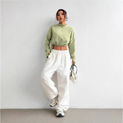 Women’s Cropped Sweatshirt – Relaxed Fit – Zip Neck – Balloon Sleeves