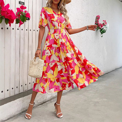 Women’s A-line Dress – Lightweight Cotton Blend – Ruffled Sleeves – Button Front – Midi Length – Abstract Print