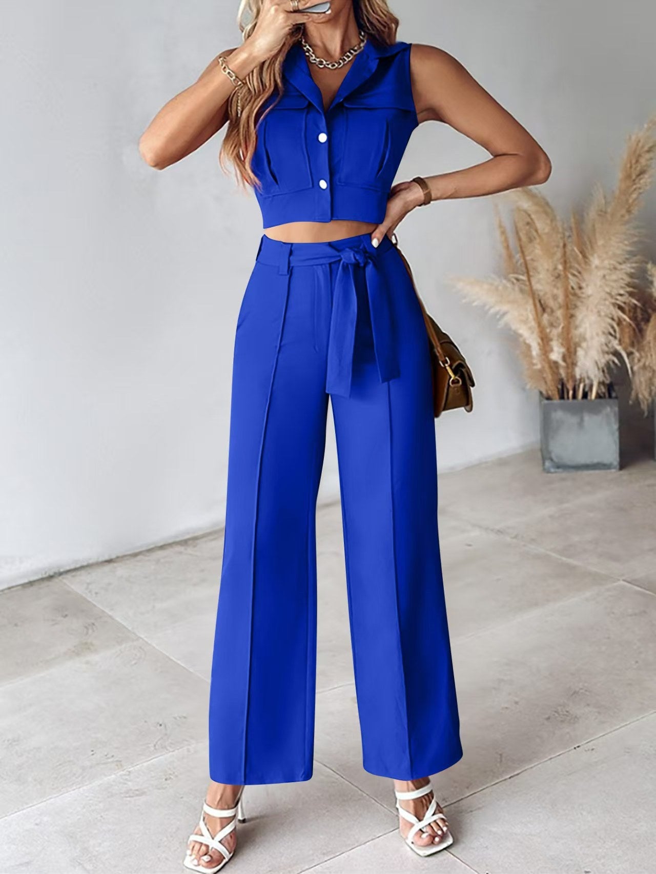 Women’s Pant Set – Sleeveless Button-Up Crop Top – Wide Leg High Waist Trousers – Belted Fit