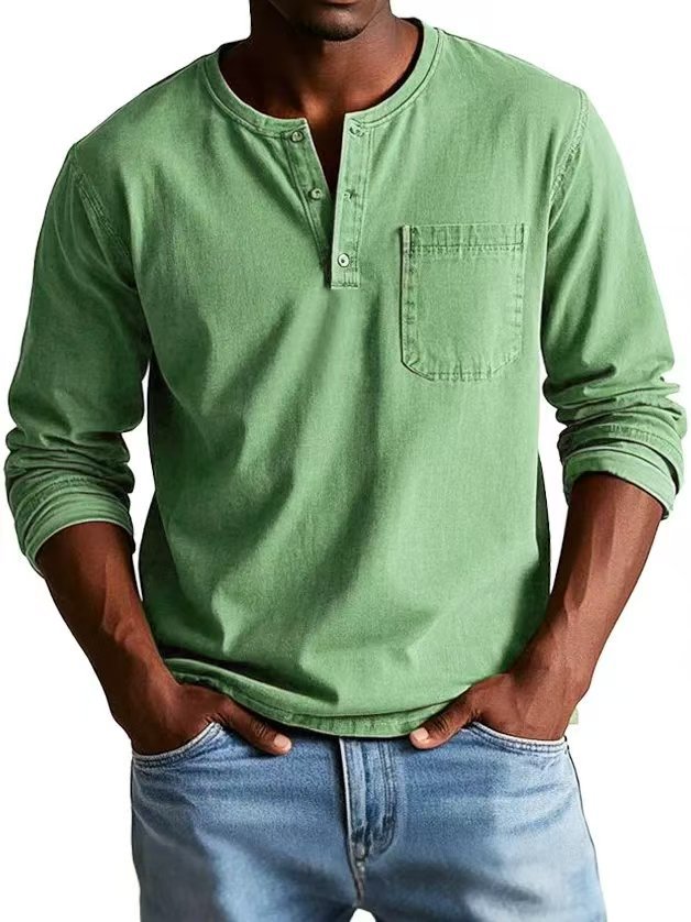 Men’s Long Sleeve T-Shirt – Slim Fit – Cotton Blend – Button Neck – Chest Pocket