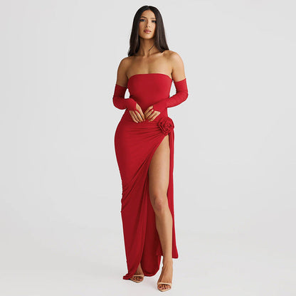 Women’s Bodysuit and Skirt Set – Off Shoulder – Slim Fit – High Slit – Elegant Draped