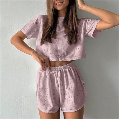 Women’s Two-Piece Set – Cotton Blend – Relaxed Fit – Perforated Crop Top & Shorts