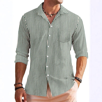Men’s Long Sleeve Shirt – Regular Fit – Breathable Blend – Stripe Pattern – Chest Pocket