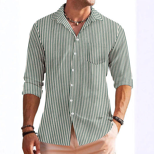 Men’s Long Sleeve Shirt – Regular Fit – Breathable Blend – Stripe Pattern – Chest Pocket