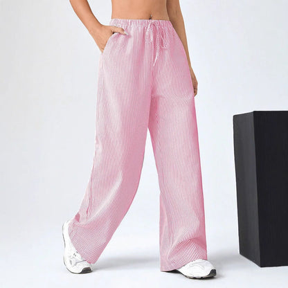 Women’s Straight-Leg Pants – Drawstring Waist – Breathable Cotton – Full Length – Striped
