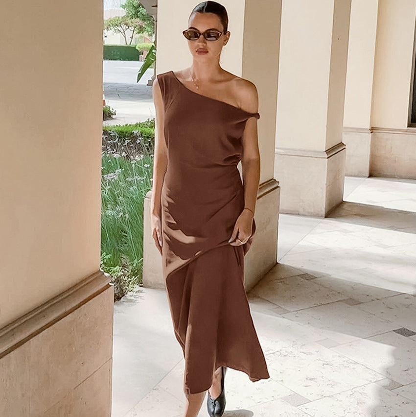 Women’s Evening Dress – Cotton Linen Blend – Slim Fit – One Shoulder – Full Length