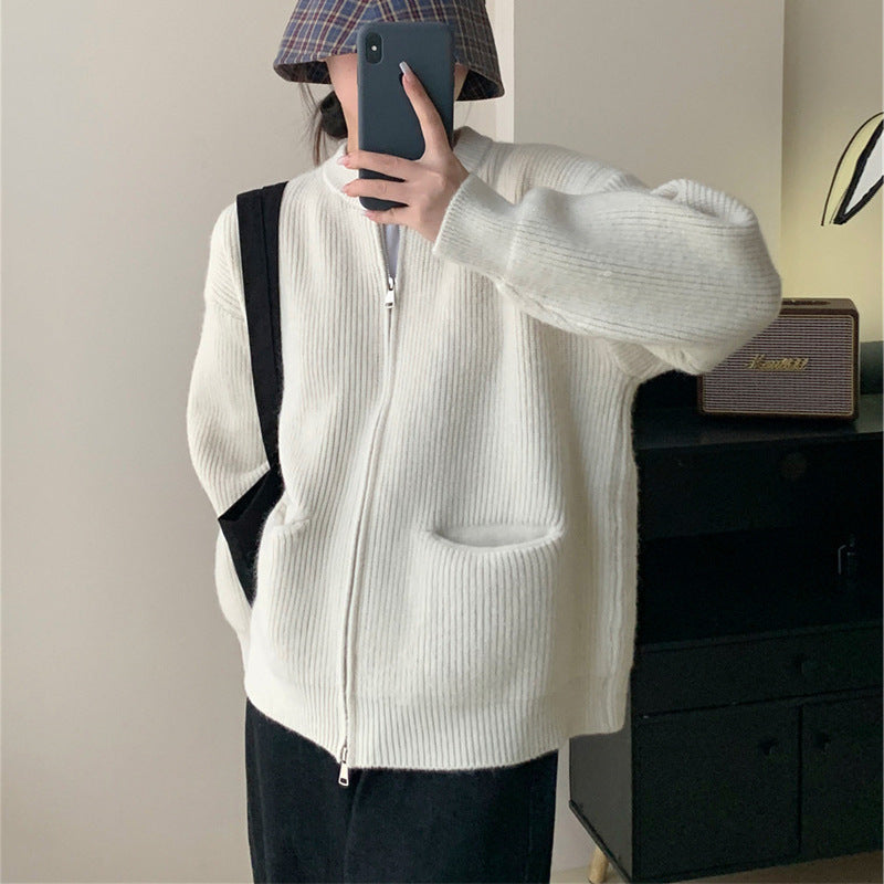 Women’s Knit Cardigan – Wool Blend – Oversized Fit – Ribbed Texture – Dual Zipper