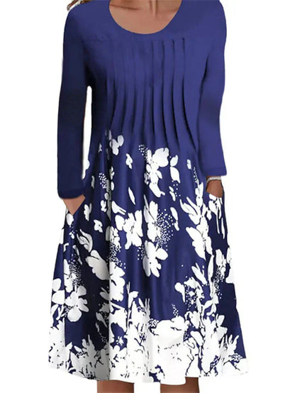 Women’s Midi Dress – A-Line Fit – Long Sleeve – Floral Detail – Cotton Blend