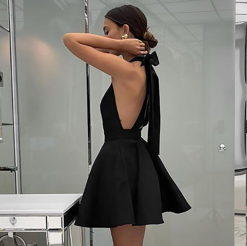 Women’s Halter Neck Dress – Satin Feel – Backless A-Line – High Waist Mini Cocktail