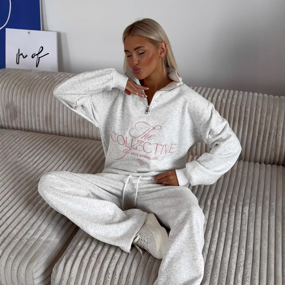 Women’s Sweatshirt – Oversized Fit – Stand Collar Zip – Embroidered Front