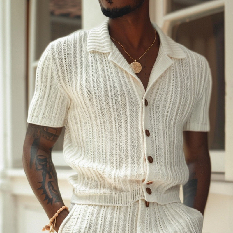 Men’s Knit Shirt and Shorts Set – Slim Fit – Button-Up – Polo Collar – Elastic Waist