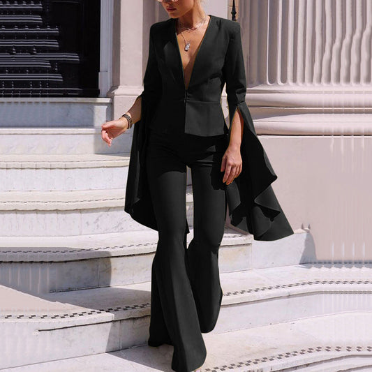 Women’s Two-Piece Set – Deep V-Neck Top – Cape Sleeves – Flared Leg Pants – Structured Fit