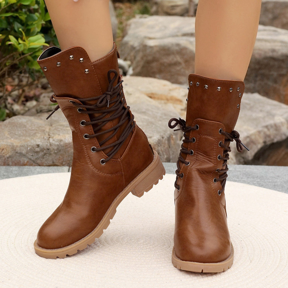 Women’s Mid-Calf Boots – Synthetic Leather – Lace-Up – Chunky Heel – Stud Detail
