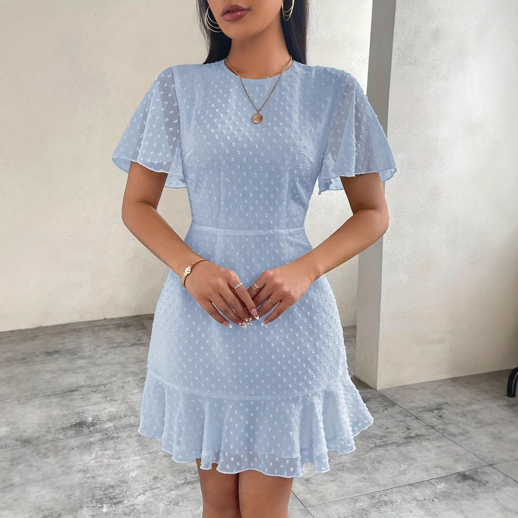 Women’s A-Line Mini Dress – Jacquard Dot – Flutter Sleeve – Cinched Waist