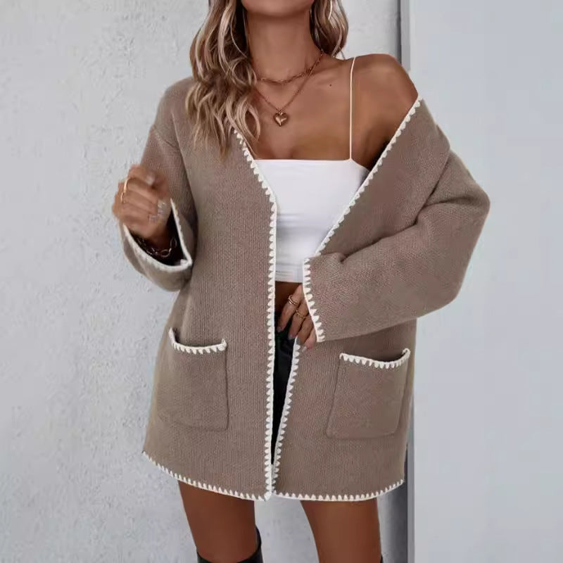 Women’s Knitted Cardigan – Oversized Fit – Open Front – Ribbed Trim – Mid-Thigh Length