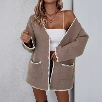 Women’s Knitted Cardigan – Oversized Fit – Open Front – Ribbed Trim – Mid-Thigh Length