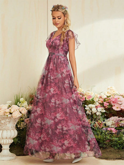 Women’s Maxi Dress – Flowing Fit – Sheer Fabric – V-Neck – Floral Ruffle Sleeves