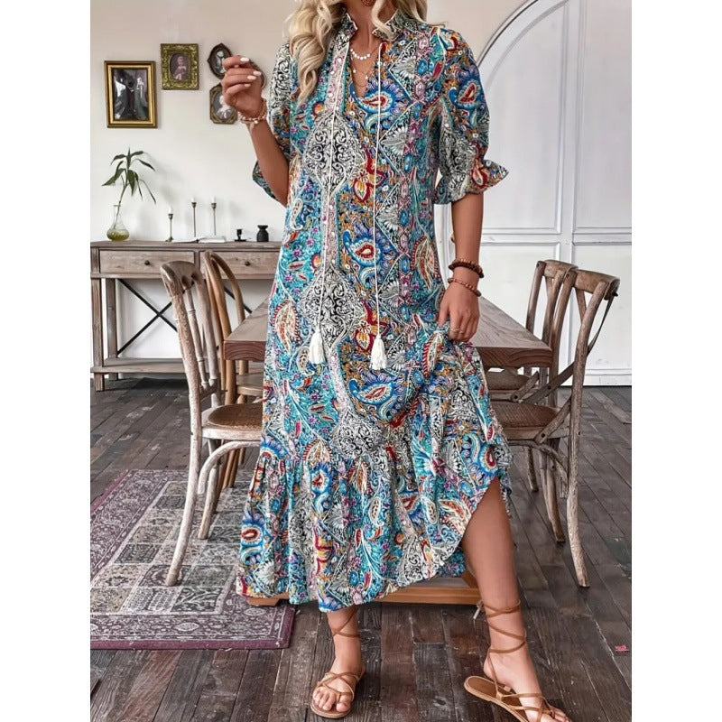 Women’s Midi Dress – Relaxed Fit – Ruffle Sleeves – Boho Print – Tie Neckline