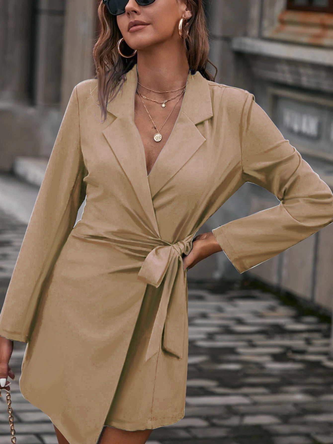 Women’s Wrap Dress – Tailored Fit – Elegant Collar – Long Sleeve – Mid-Thigh Length