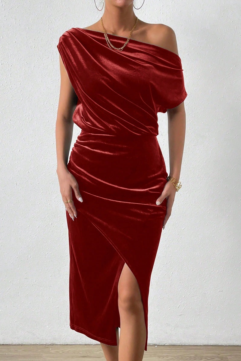 Women’s One-Shoulder Dress – Velvet Midi – Ruched Fit with Front Slit