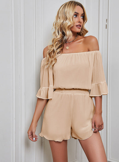 Women’s Jumpsuit – Chiffon Fabric – Off Shoulder – Bell Sleeves – Short Length