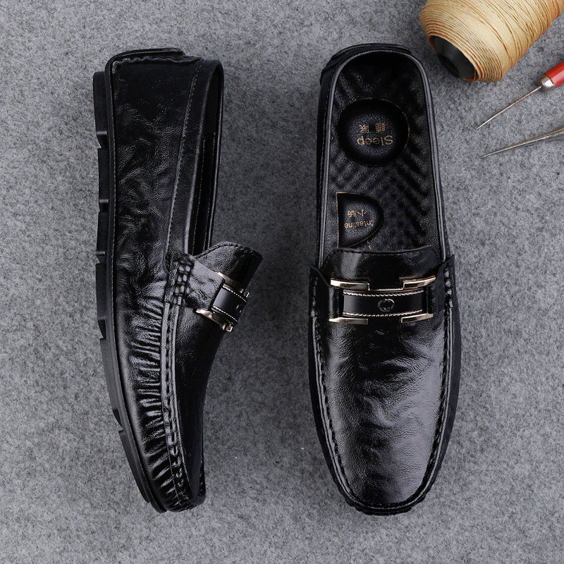 Men’s Leather Loafers – Slip-On Fit – Decorative Strap – Breathable Soft Sole