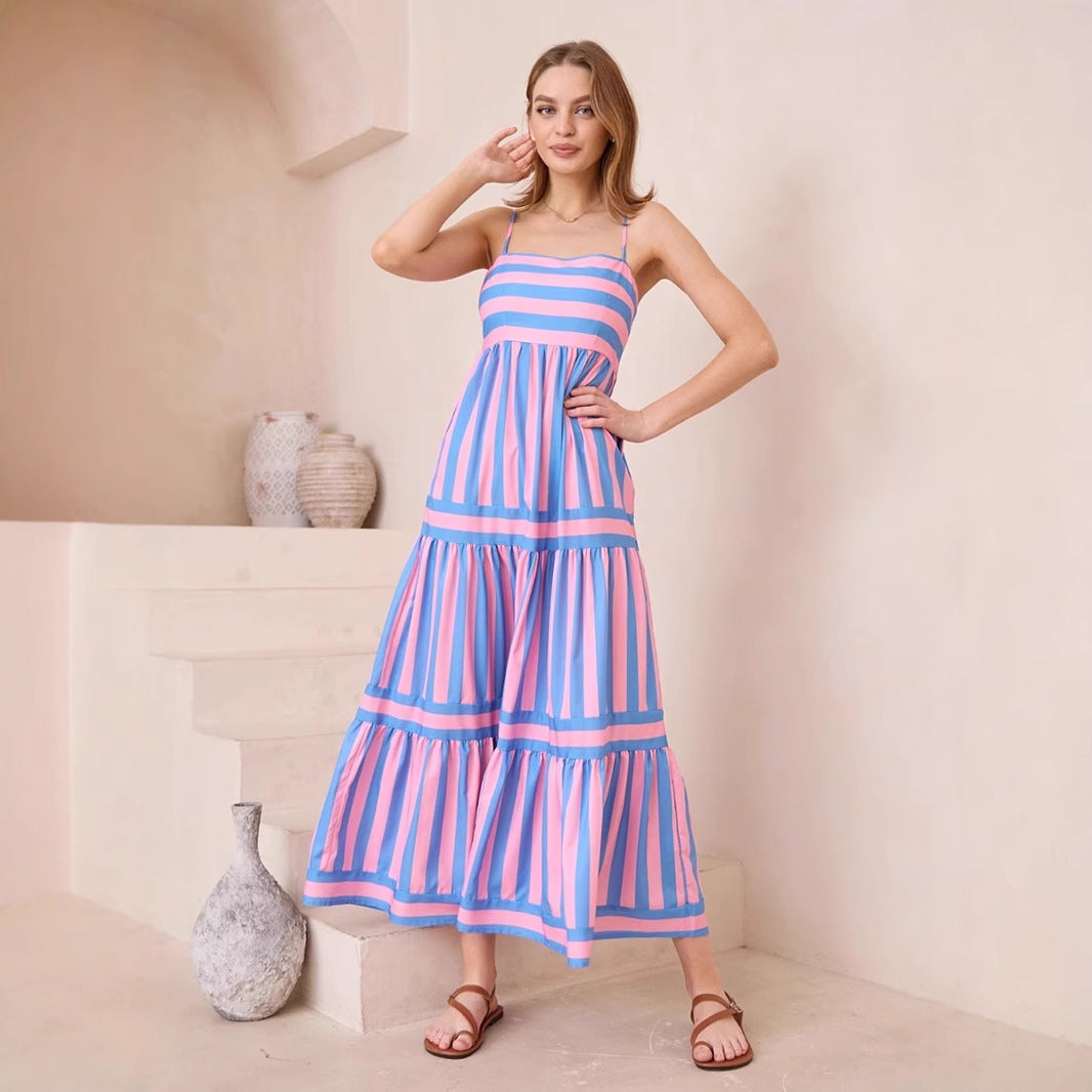 Women’s Sundress – Lightweight Cotton – A-Line Fit – Tiered Striped Spaghetti Straps