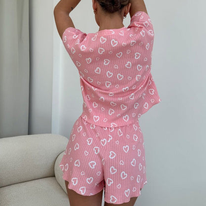 Women’s Lounge Set – Soft Cotton Blend – Relaxed Fit – Heart Print Two Piece