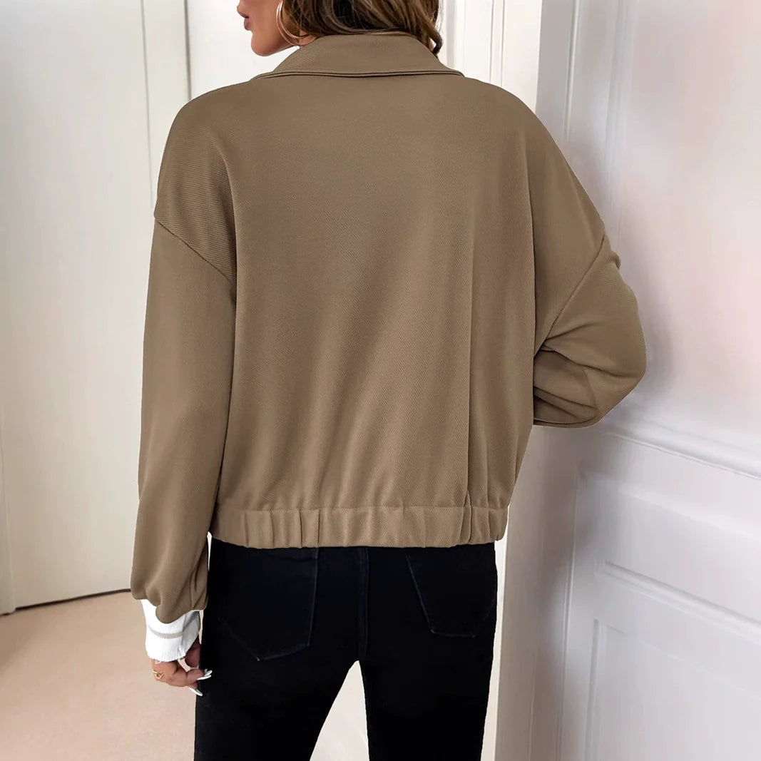 Women’s Cropped Cardigan Jacket – Relaxed Fit – Lapel Collar – Button Front – Ribbed Cuffs