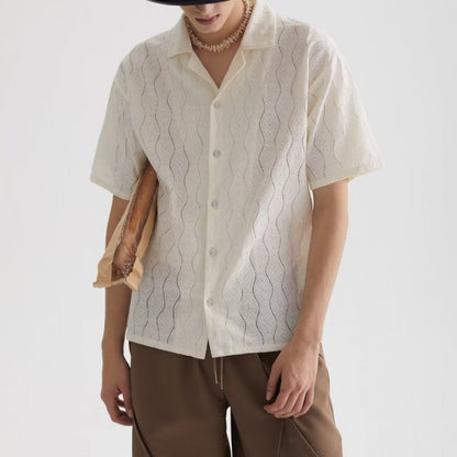 Men’s Short Sleeve Shirt – Cotton Blend Lace – Oversized Fit – Cuban Collar