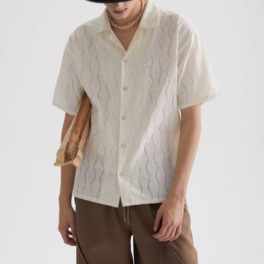 Men’s Short Sleeve Shirt – Cotton Blend Lace – Oversized Fit – Cuban Collar
