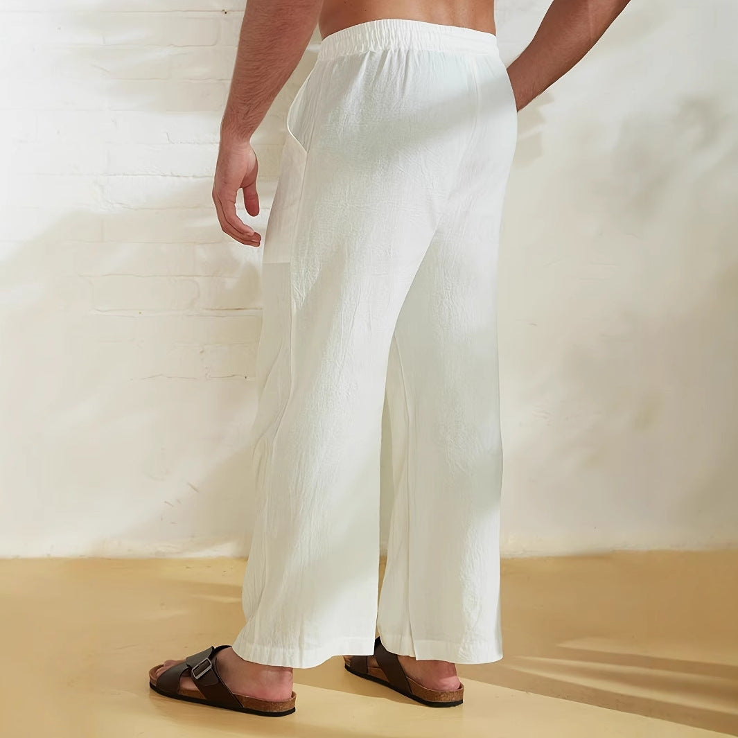 Men’s Wide-Leg Pants – Relaxed Fit – Lightweight Cotton Linen – Drawstring Waist – Palm Print