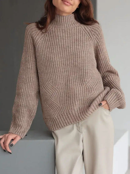 Women’s Sweater – Loose Fit – Mock Neck – Raglan Sleeve – Ribbed Texture