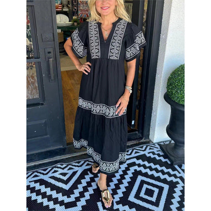 Women’s Midi Dress – Relaxed Fit – V-Neck – Printed Trim – Pleated Hem – Cotton Feel