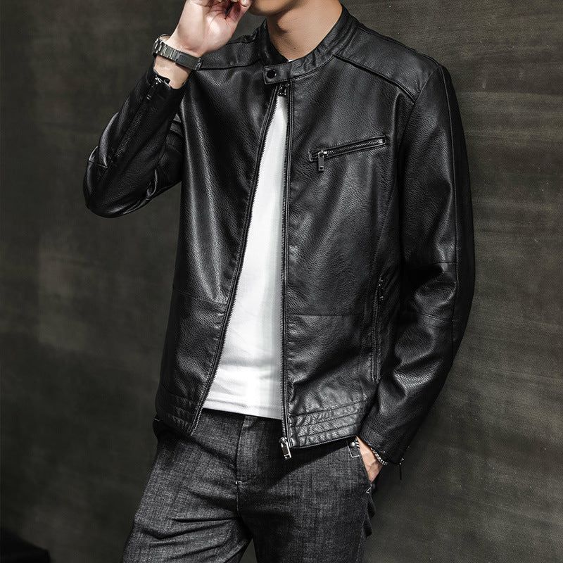 Men’s Biker Jacket – Slim Fit – Stand Collar – Zippered Pockets – Waist Length Design