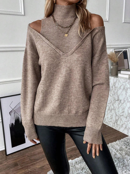 Women’s Knit Sweater – Soft Knit – Off-Shoulder V-Neck – Relaxed Fit – Layered Look