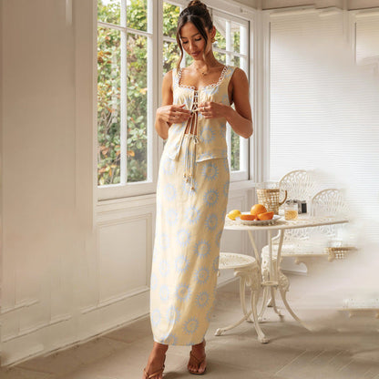 Women’s Slim Fit Dress – Square Neck Lace Top – Printed Maxi Skirt with Slit