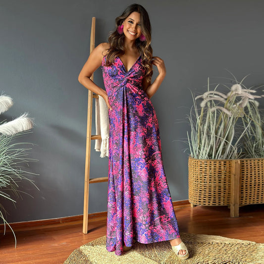 Women’s Maxi Dress – Sleeveless V-Neck – Twist Front – A-Line – Printed Pattern