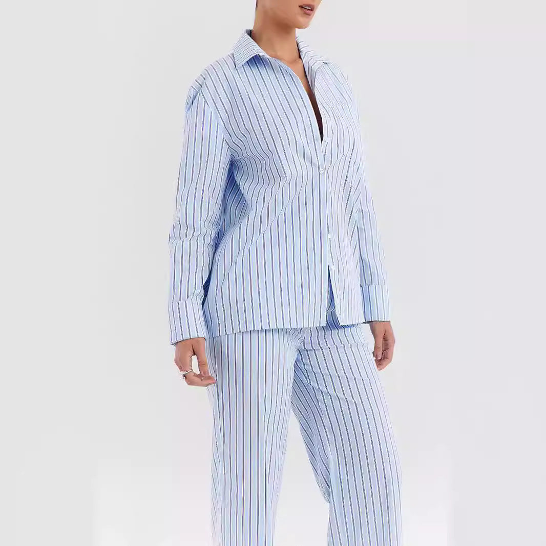 Women’s Shirt and Pants Set – Cotton Blend – Relaxed Fit – Striped – Wide-Leg Style