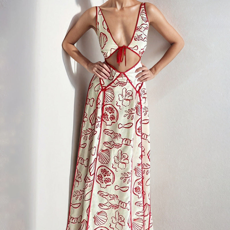 Women’s Maxi Dress – Cotton Fabric – V-Neck Cut-Out – Spaghetti Straps – Flowing Fit
