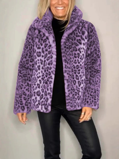 Women’s Coat – Faux Fur – Oversized Fit – Leopard Print – Notched Collar – Casual Style