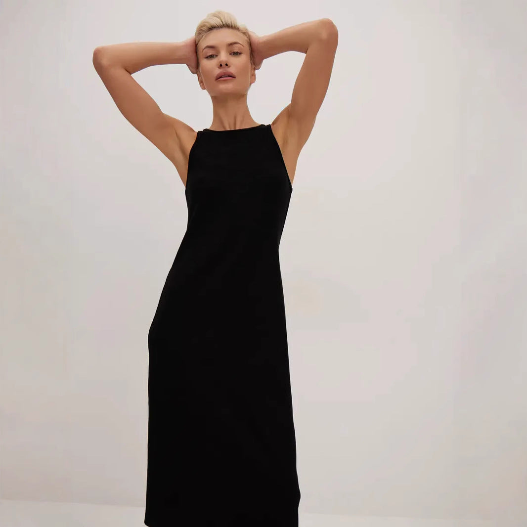 Women’s Midi Dress – Slim Fit – High Neck – Sleeveless – Minimalist Formal Style