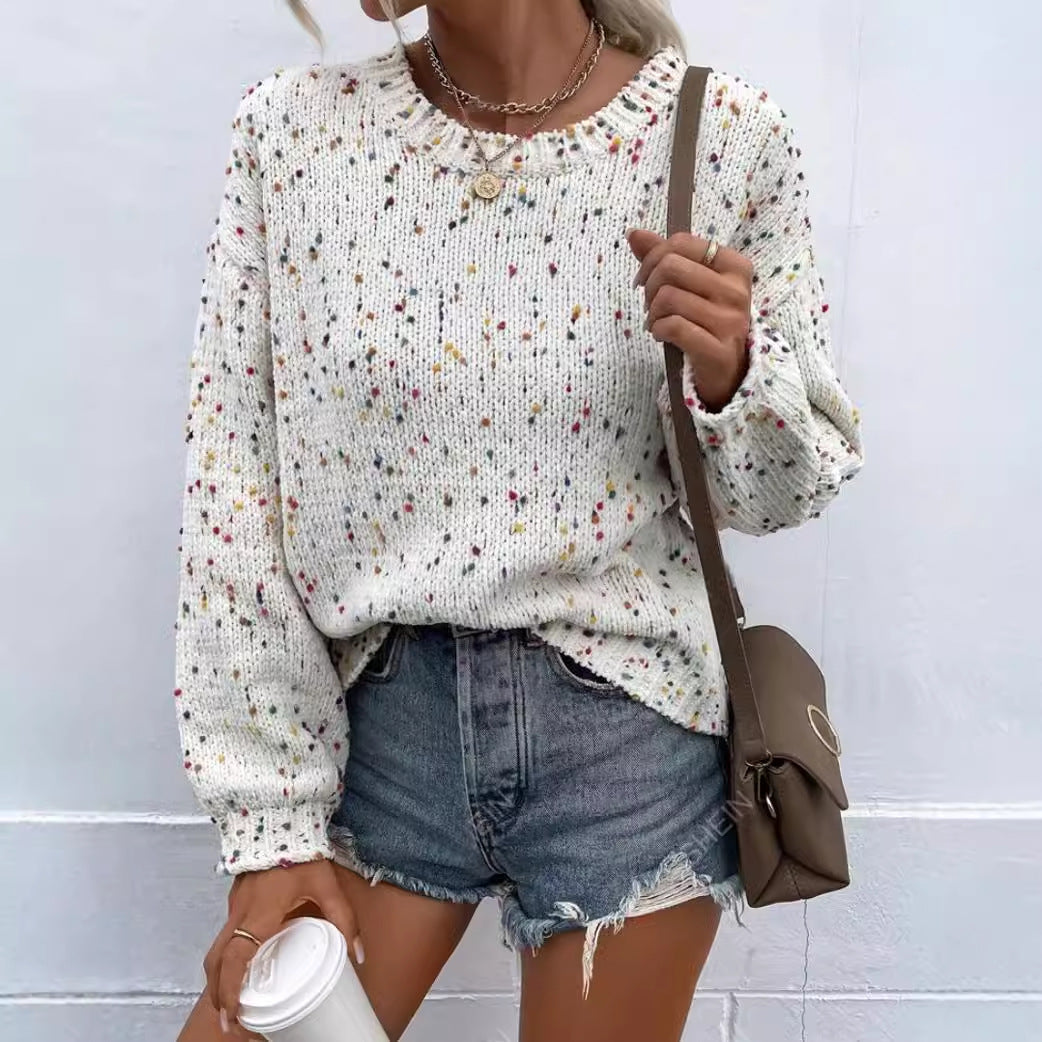 Women’s Pullover Sweater – Relaxed Fit – Speckled Knit – Ribbed Trim – Hip Length