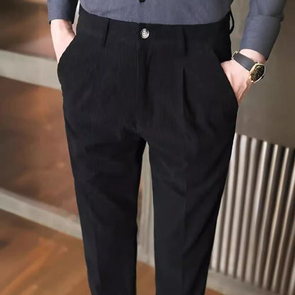 Men’s Corduroy Trousers – Slim Fit – Pleated Front – Full Length – Smart Casual