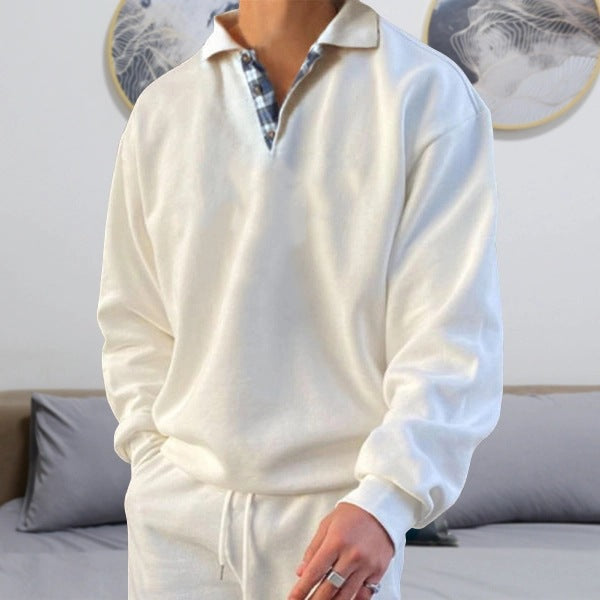 Men’s Sweatshirt – Soft Knit – V-Neck Lapel – Loose Fit – Ribbed Cuffs – Casual Wear