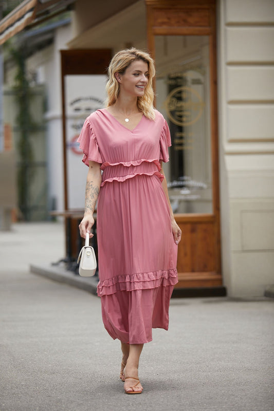 Women’s Maxi Dress – Flowing Fit – Ruffled Tiers – Flutter Sleeves – V-Neckline – Breathable Blend