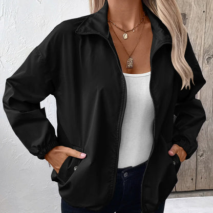 Women’s Casual Jacket – Waterproof – Relaxed Fit – Zip Front – Elastic Cuffs – Hip Length