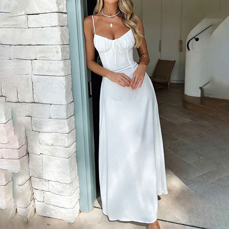 Women’s A-Line Dress – Satin Finish – Strappy Ruched Bodice – Full Length Formal Fit