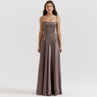 Women’s Evening Gown – Satin Full Length – A-Line Fit – Spaghetti Straps – Cut-Out Waist